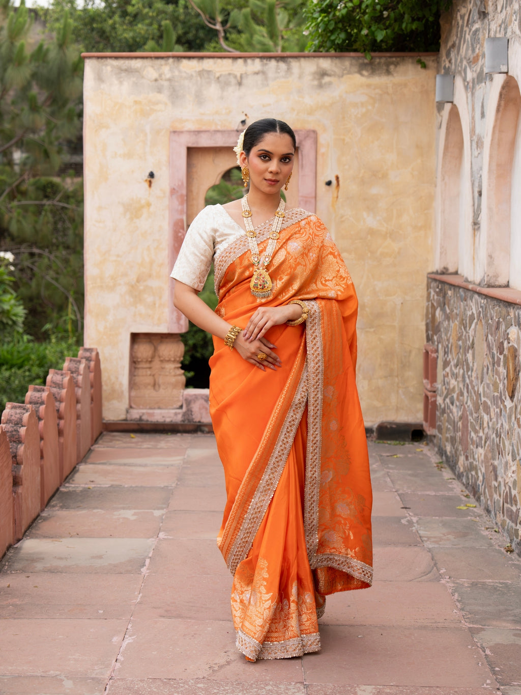 Orange Pure Katan Silk Bridal Banarasi Handloom Saree
