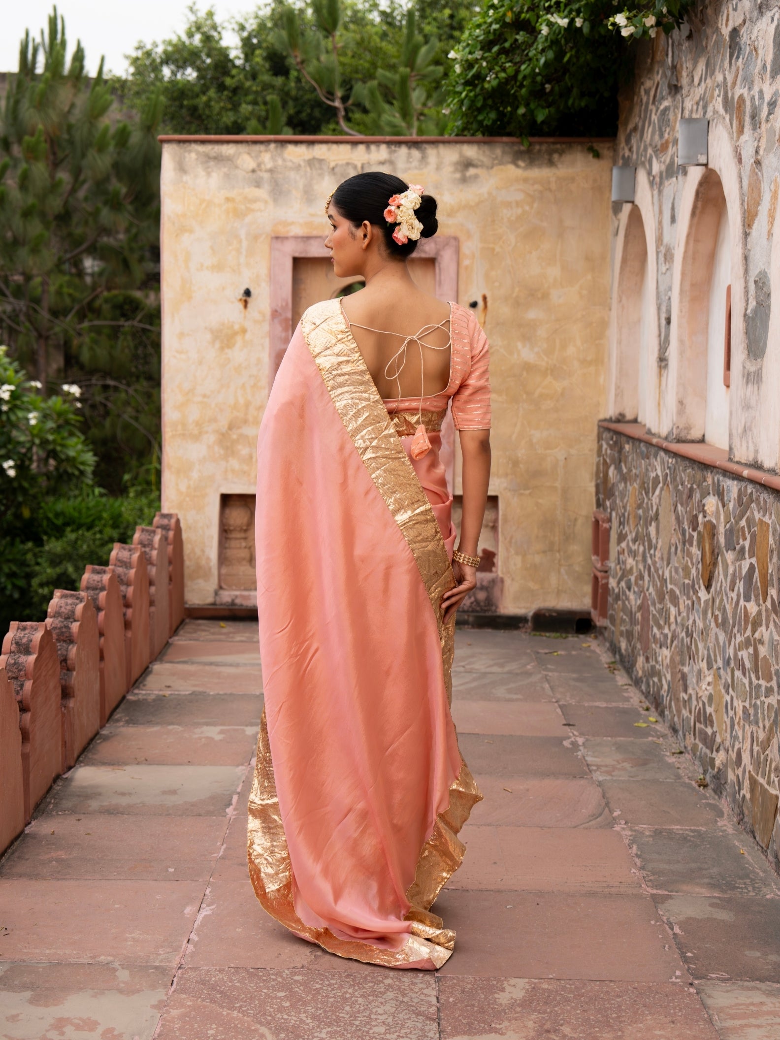 Peach Pure Tissue Handloom Gota Patti Saree