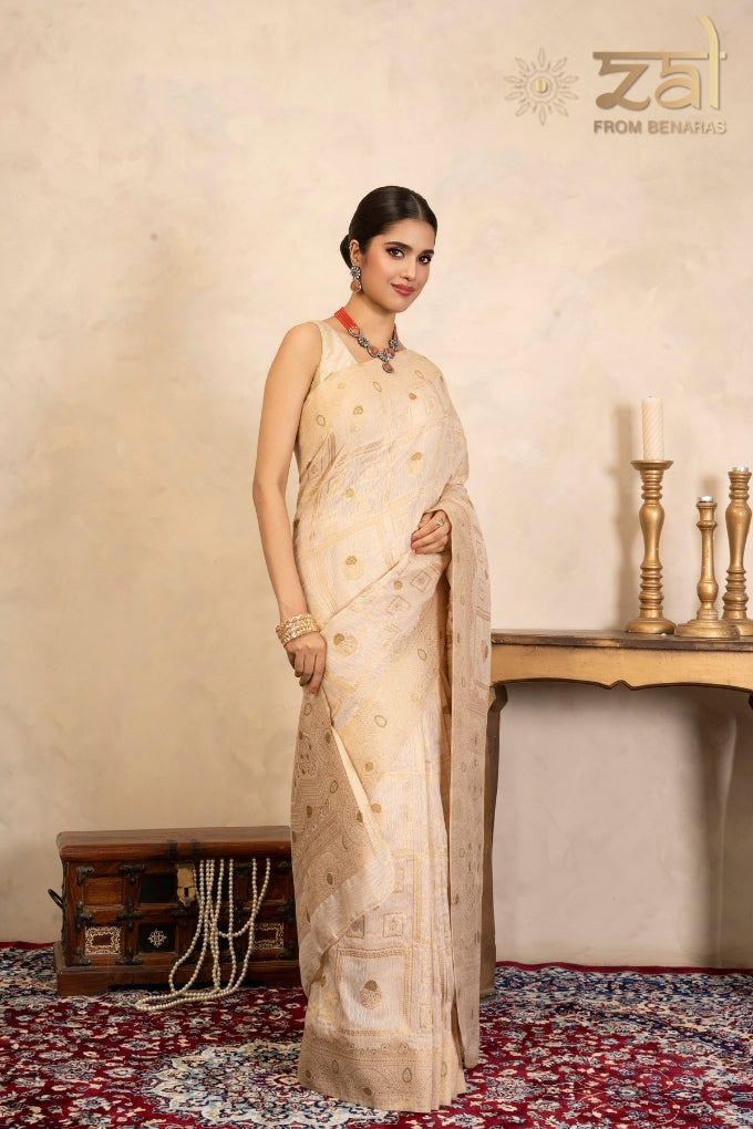 Beige Pink Pure Silk Banarasi Handloom Saree