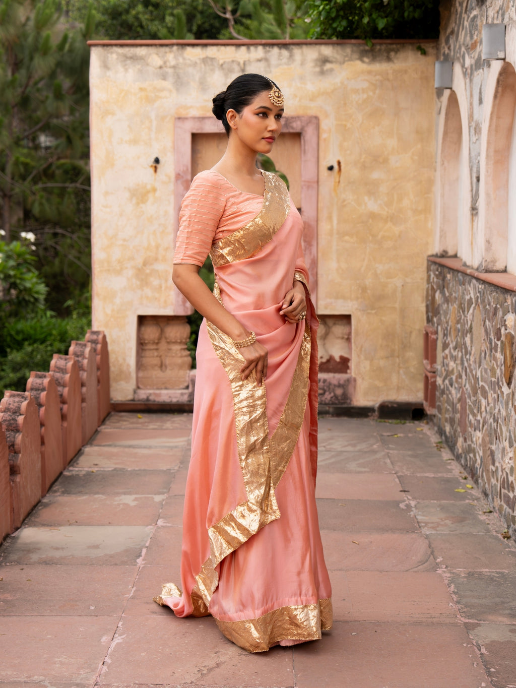 Peach Pure Tissue Handloom Gota Patti Saree