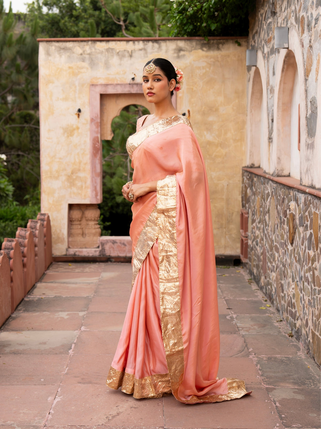 Peach Pure Tissue Handloom Gota Patti Saree