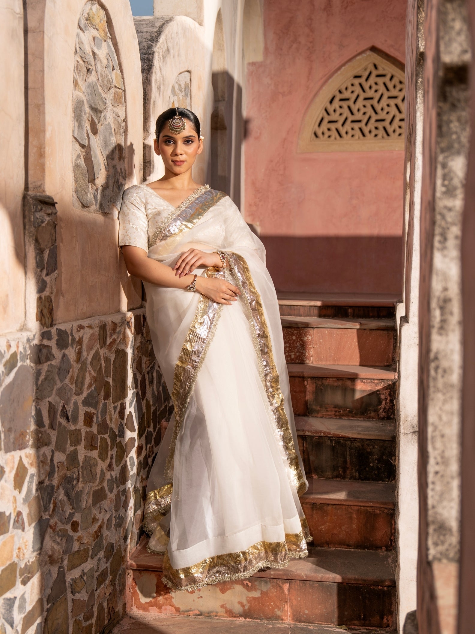 Off White Pure Organza Handloom Gota Patti Saree