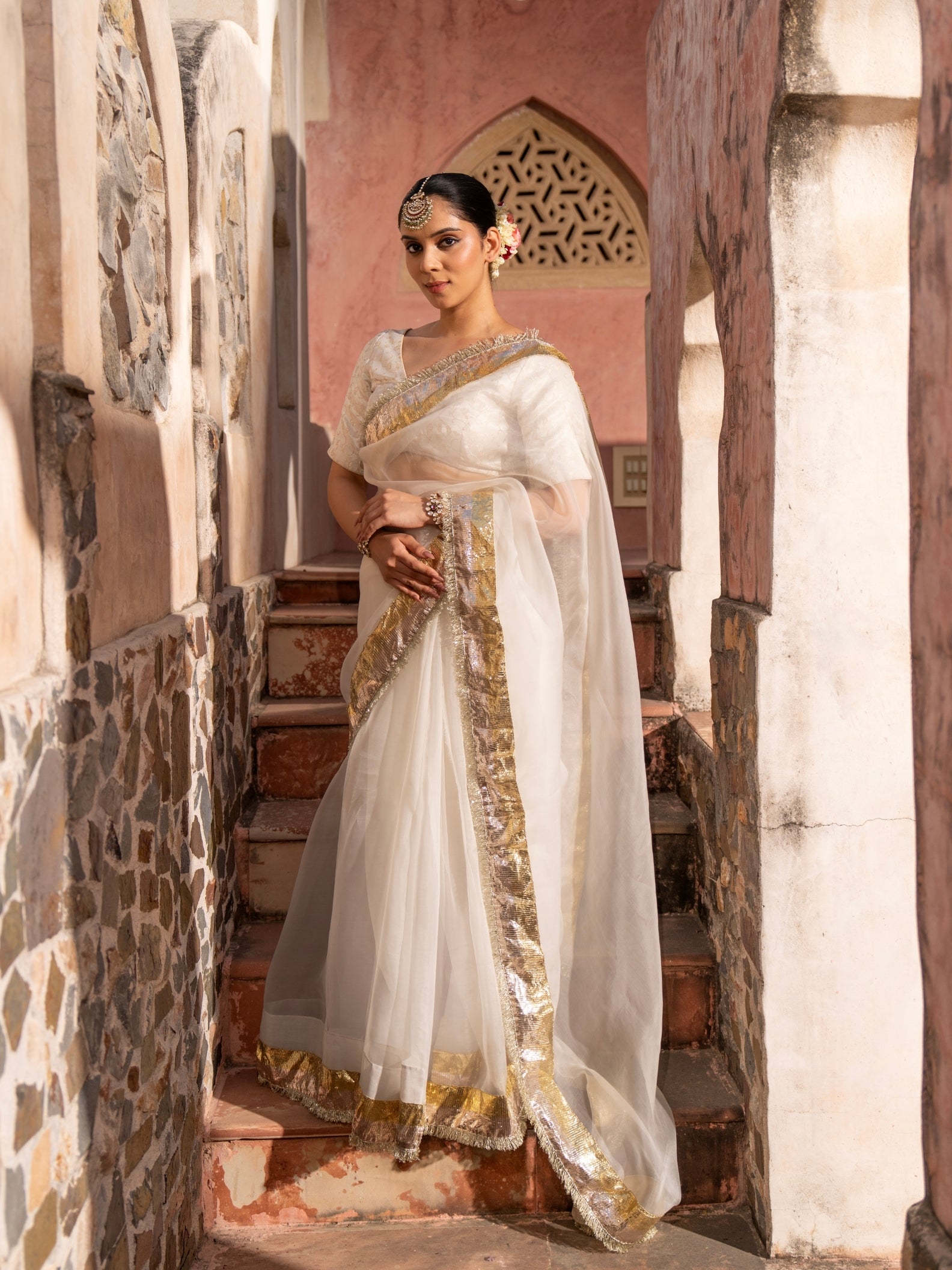 Off White Pure Organza Handloom Gota Patti Saree