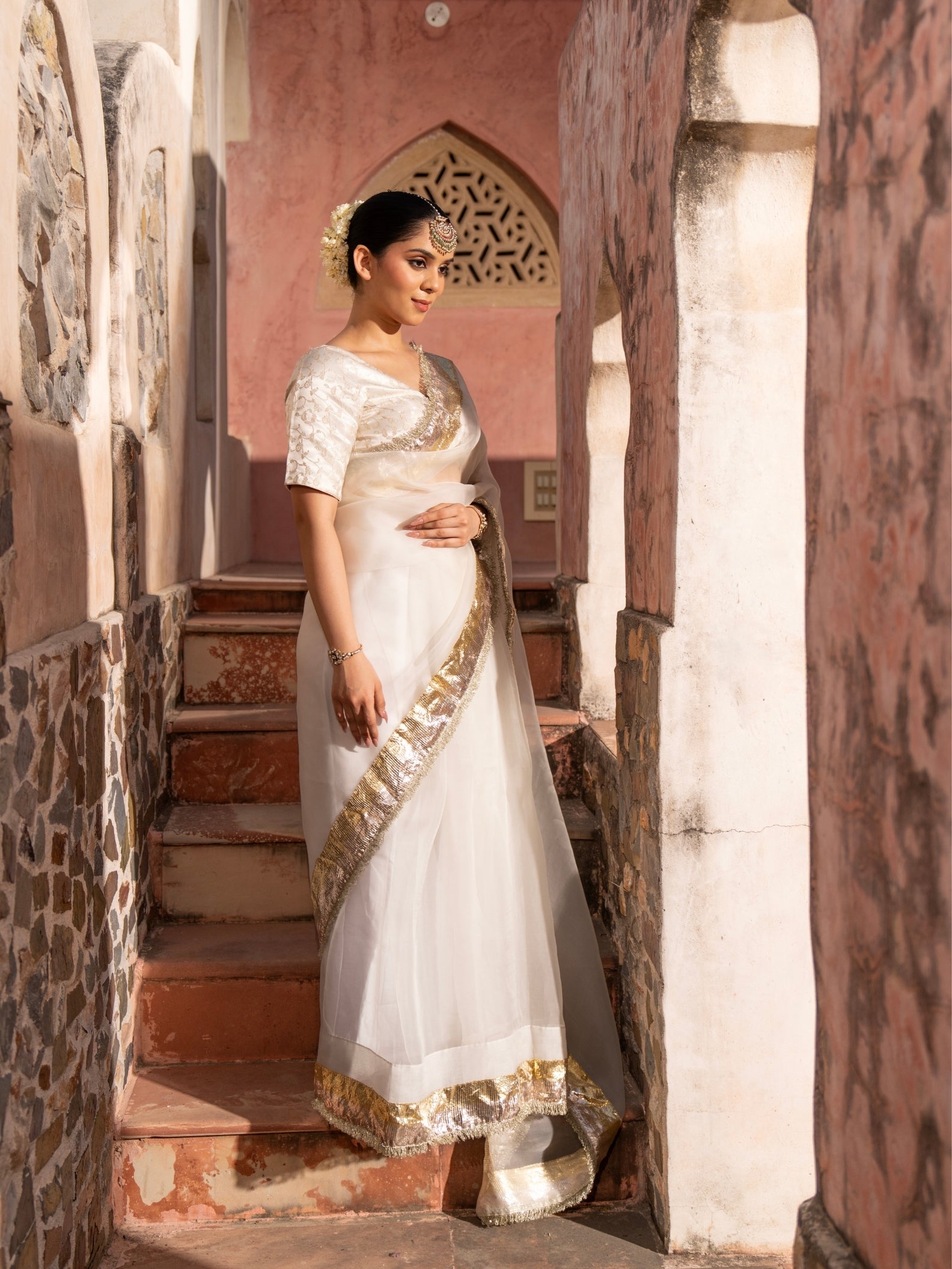 Off White Pure Organza Handloom Gota Patti Saree