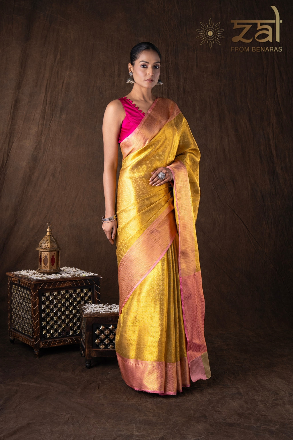 Golden-pink Pure silk brocade Banarasi handloom saree