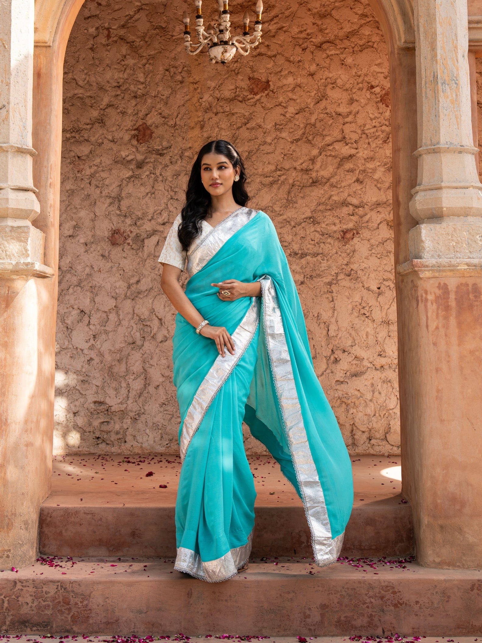 Sky Blue Pure Georgette Handloom Gota Patti Saree