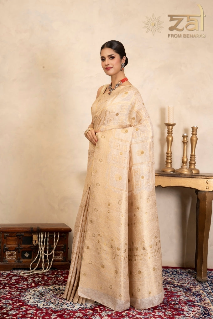 Beige Pink Pure Silk Banarasi Handloom Saree