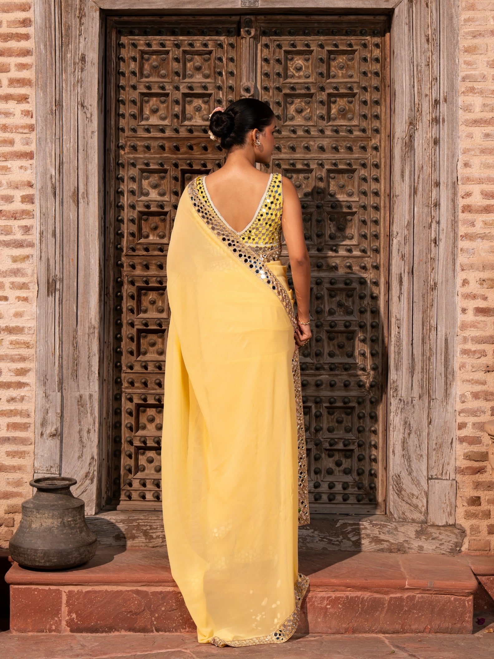 Butter yellow Pure Georgette Handloom Mirror Work Saree
