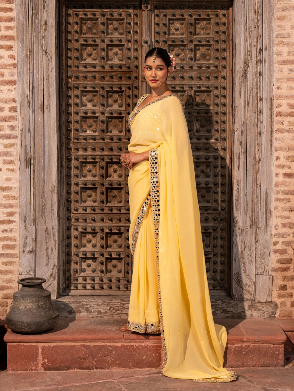 Butter yellow Pure Georgette Handloom Mirror Work Saree
