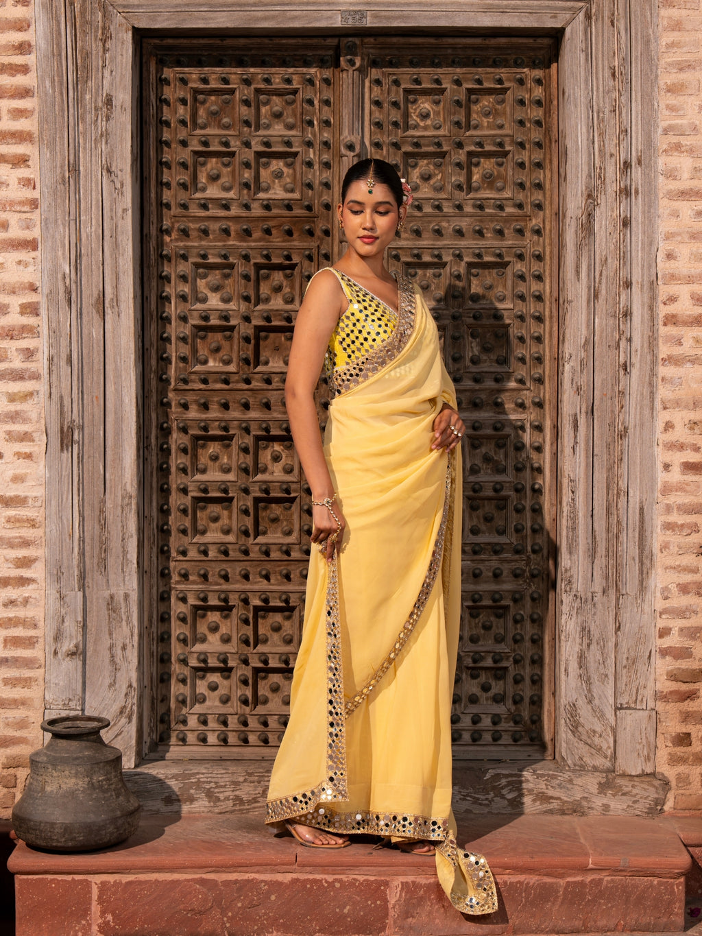 Butter yellow Pure Georgette Handloom Mirror Work Saree