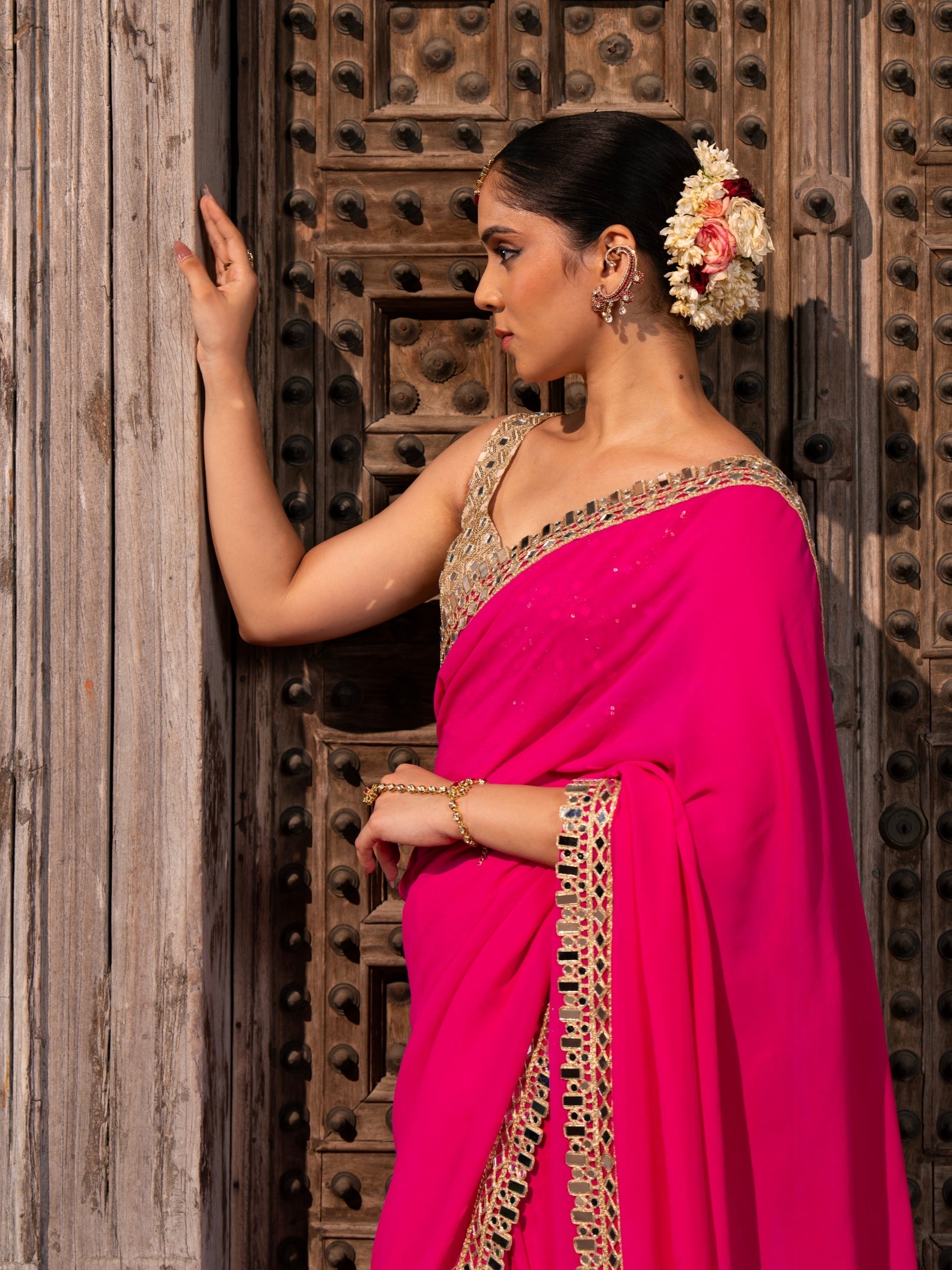 Fuschia Pink Pure Georgette Handloom Mirror Work Saree