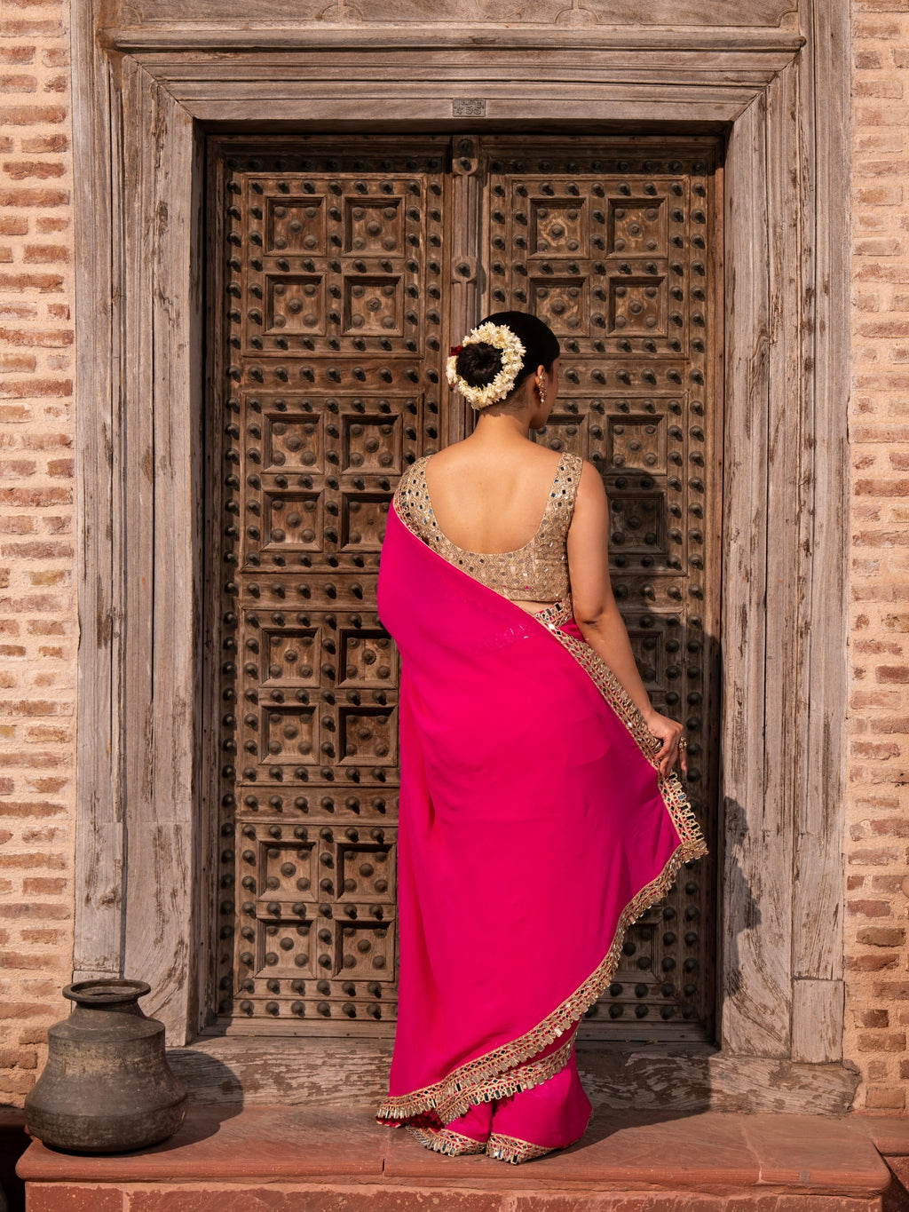 Fuschia Pink Pure Georgette Handloom Mirror Work Saree