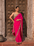 Fuschia Pink Pure Georgette Handloom Mirror Work Saree
