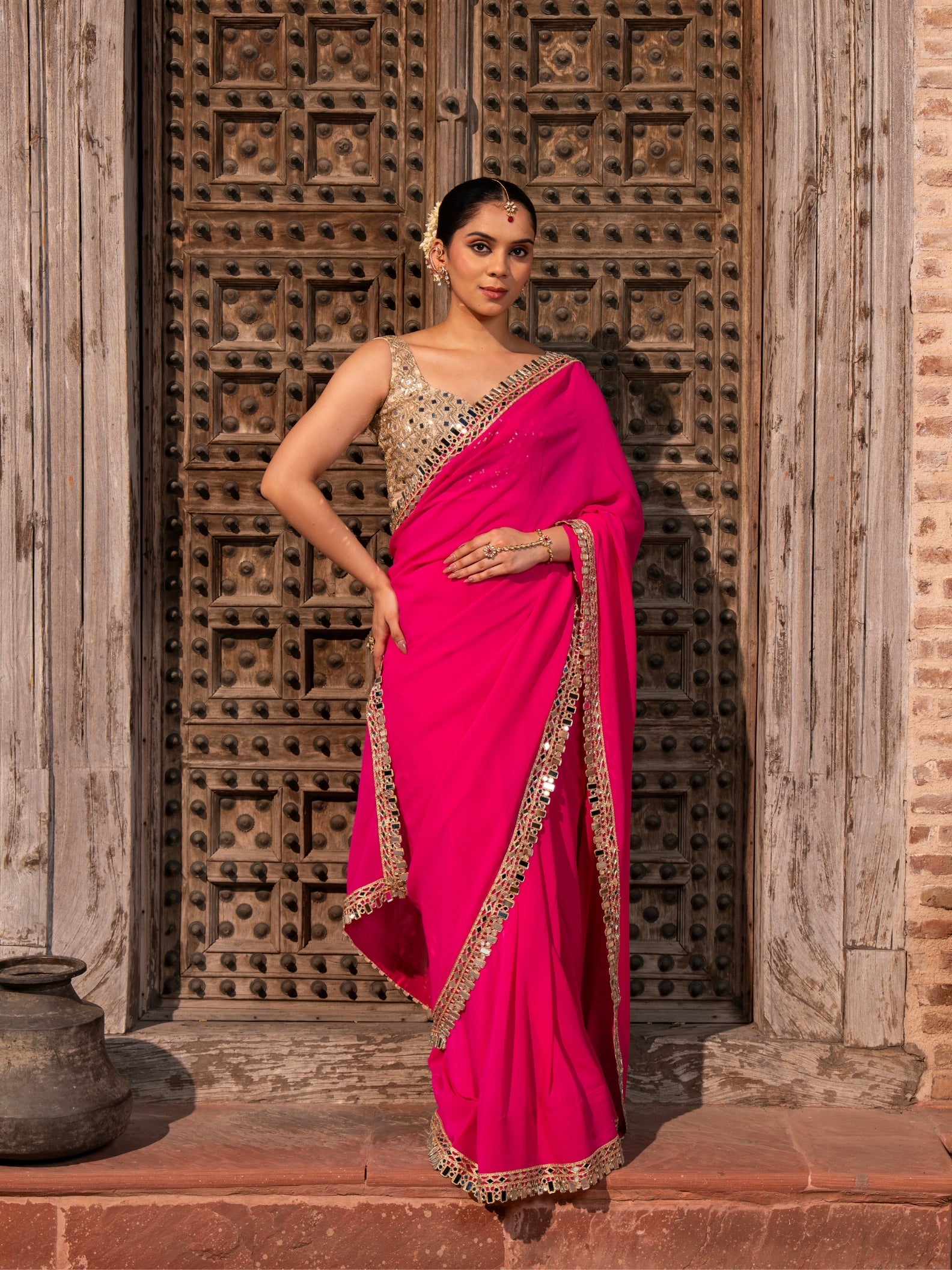 Fuschia Pink Pure Georgette Handloom Mirror Work Saree