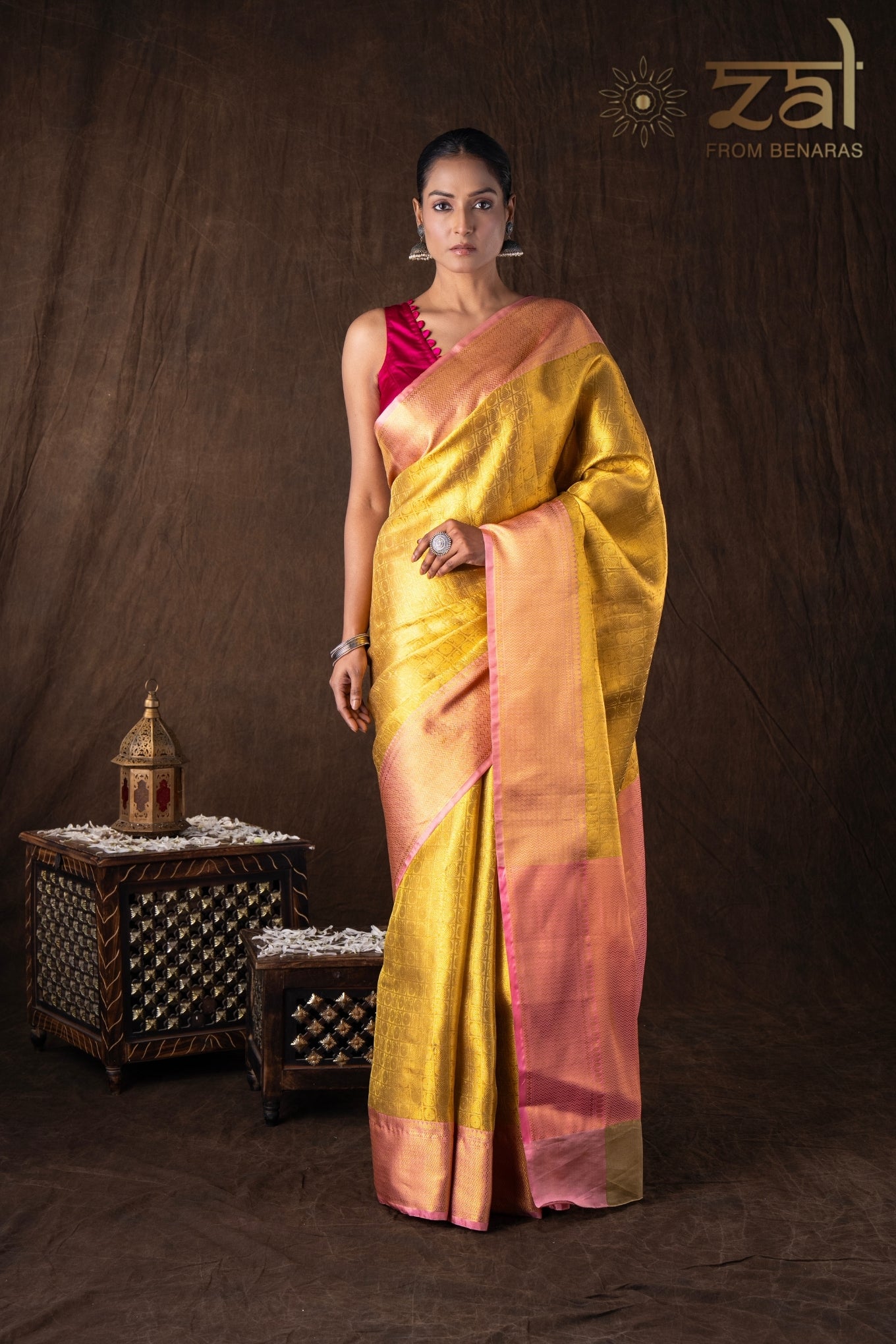 Golden-pink Pure silk brocade Banarasi handloom saree