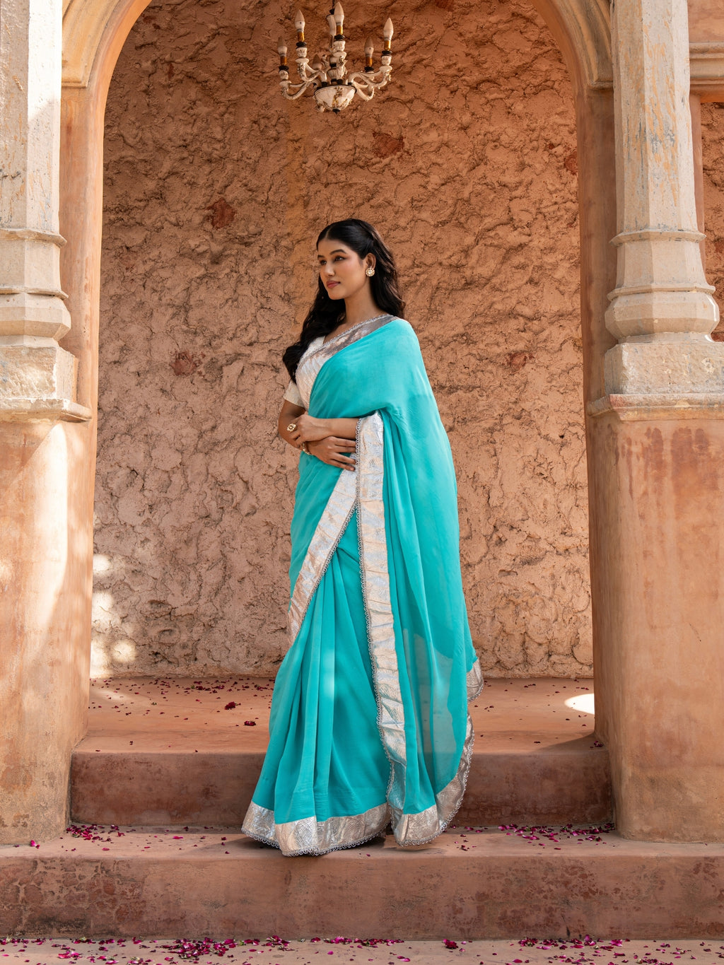 Sky Blue Pure Georgette Handloom Gota Patti Saree