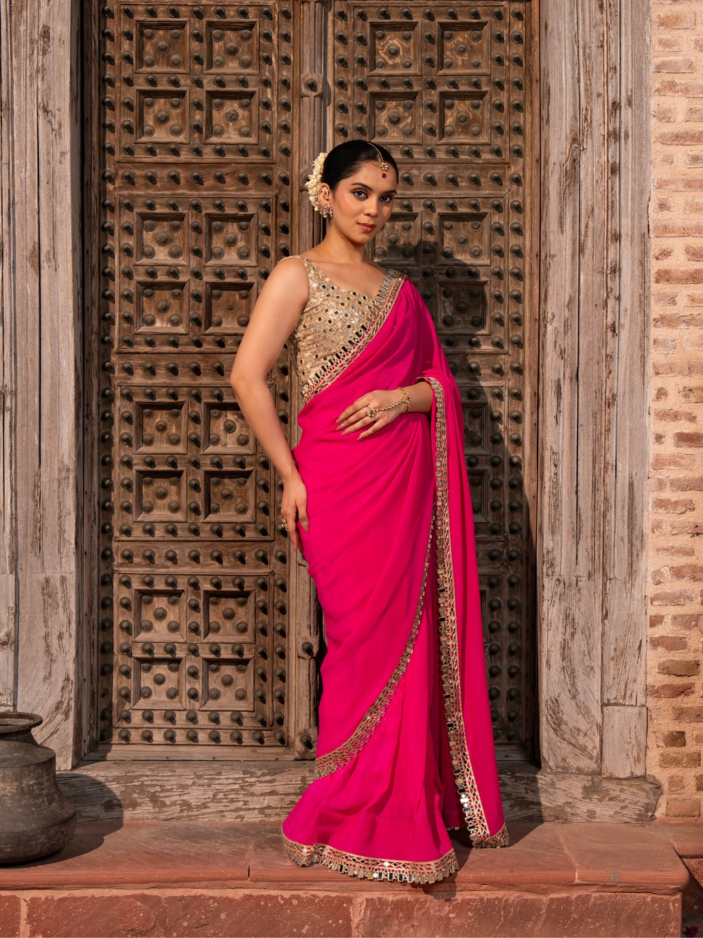 Fuschia Pink Pure Georgette Handloom Mirror Work Saree