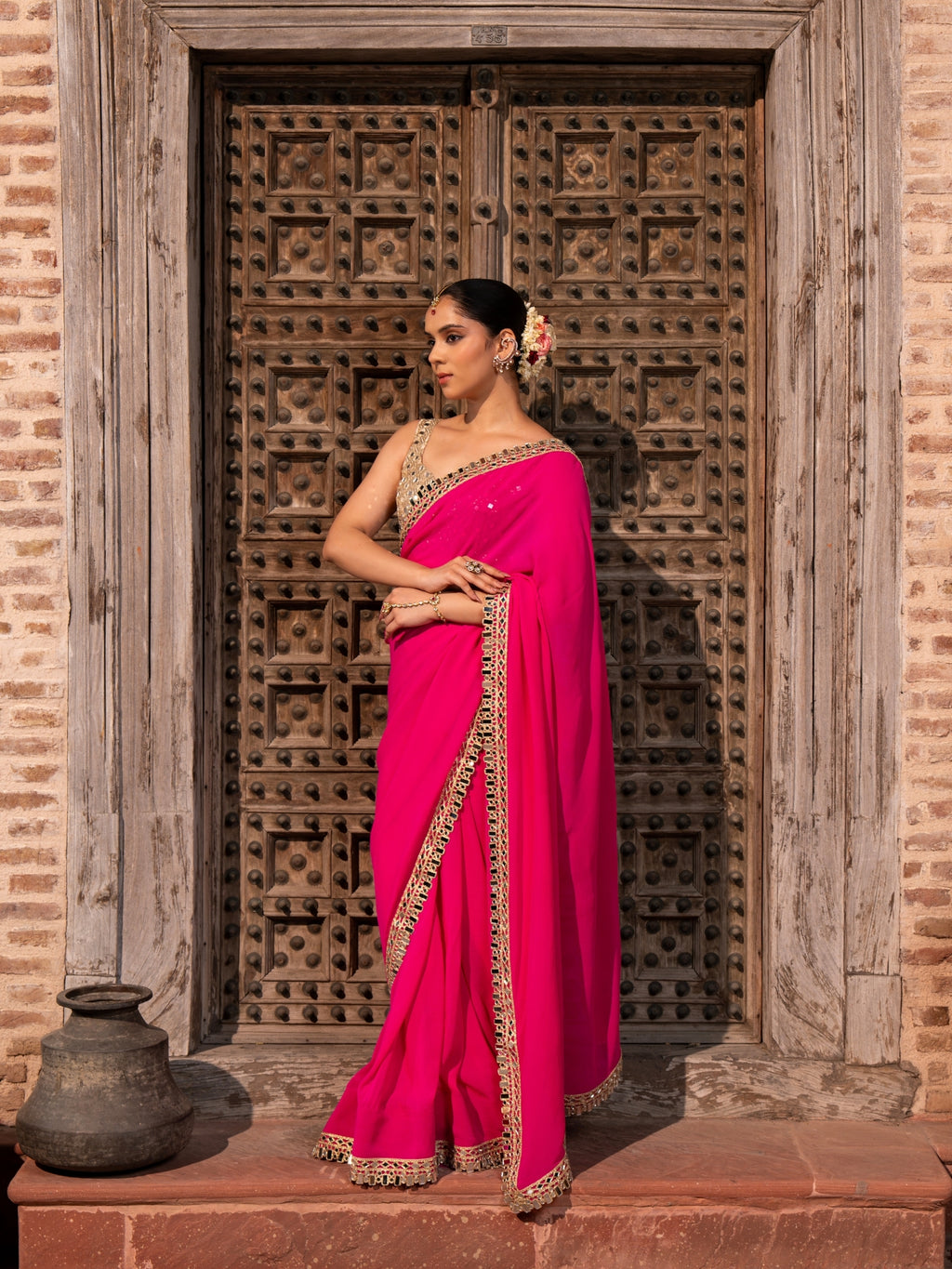 Fuschia Pink Pure Georgette Handloom Mirror Work Saree