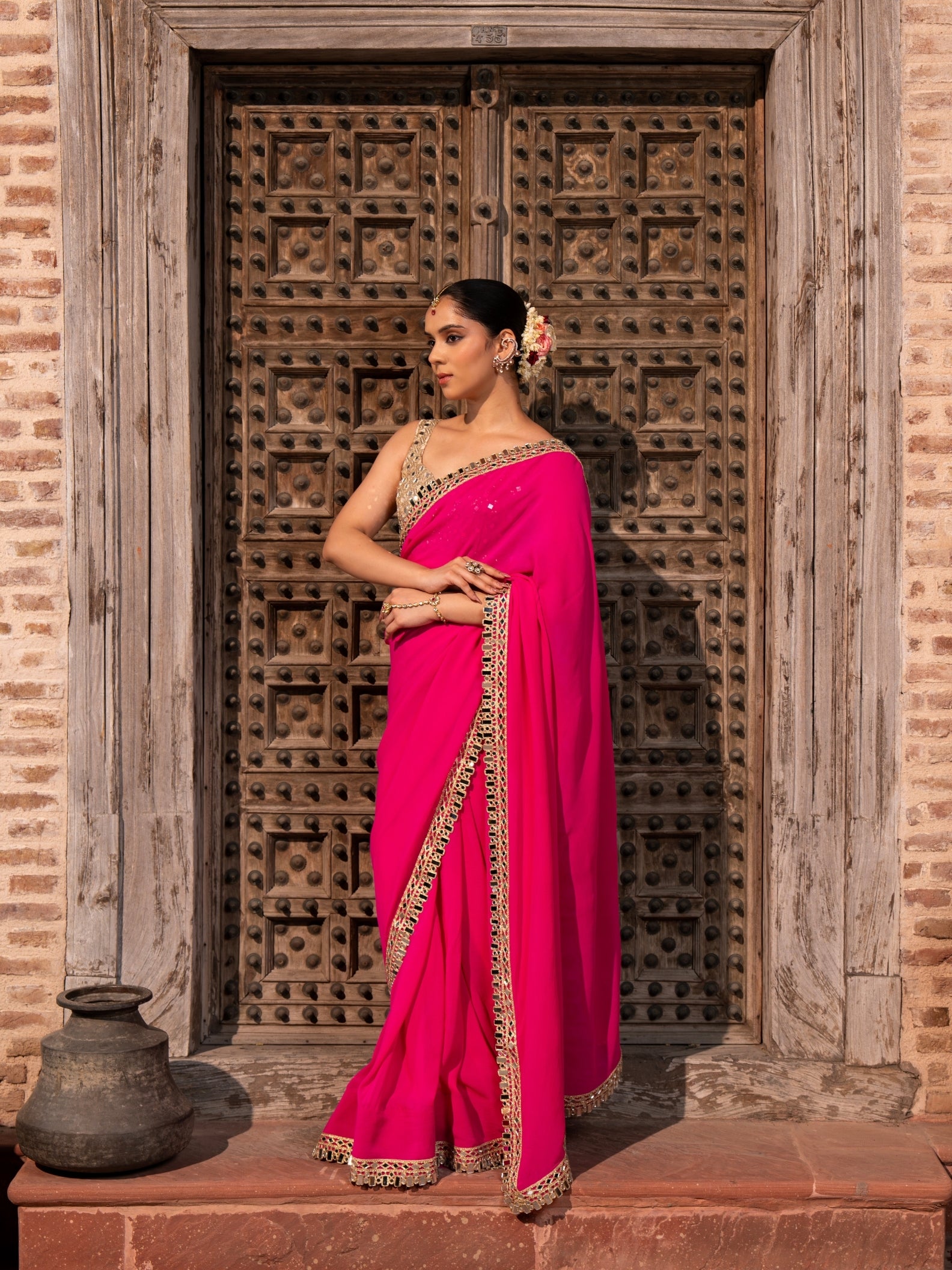 Fuschia Pink Pure Georgette Handloom Mirror Work Saree