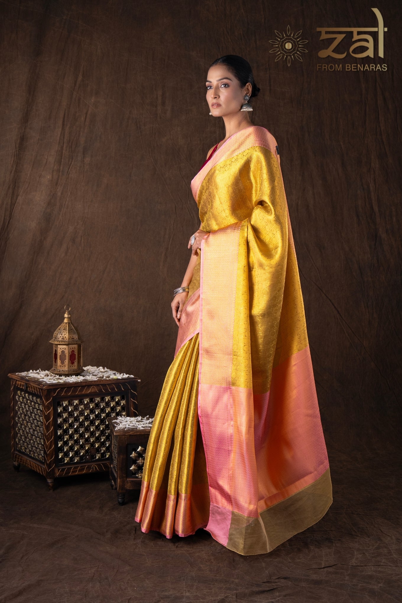 Golden-pink Pure silk brocade Banarasi handloom saree
