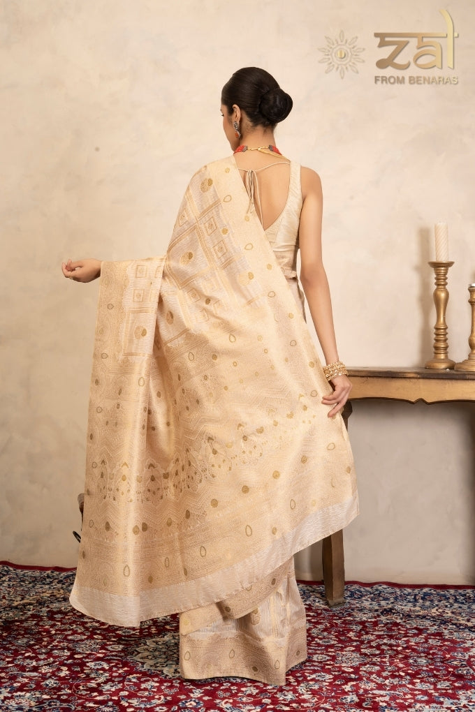 Beige Pink Pure Silk Banarasi Handloom Saree