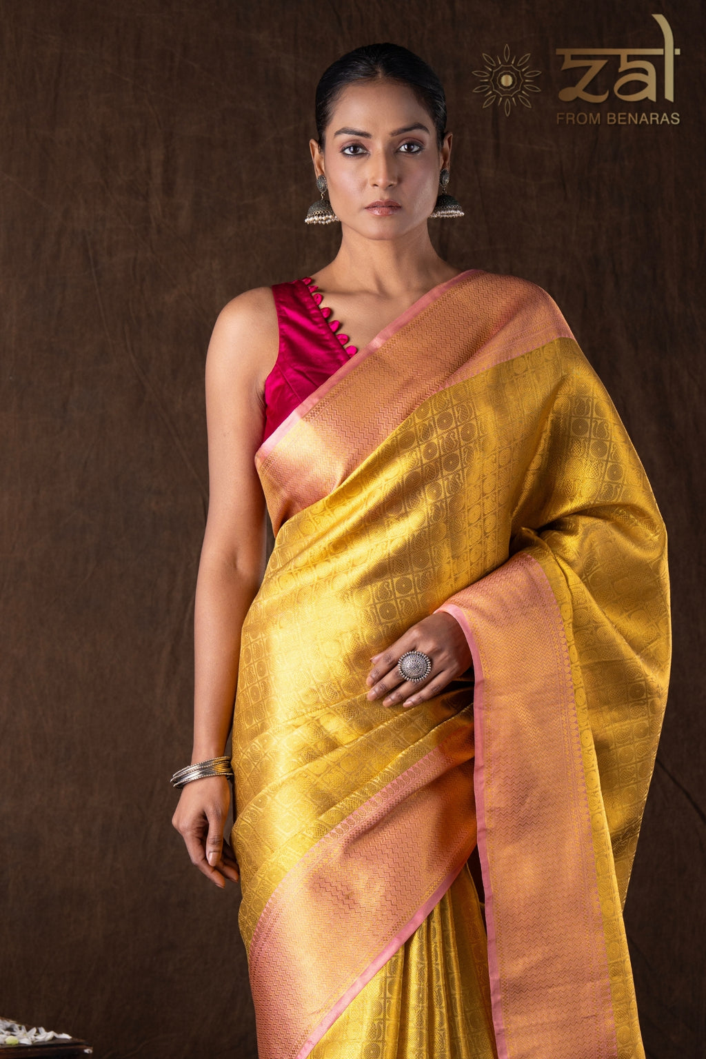 Golden-pink Pure silk brocade Banarasi handloom saree