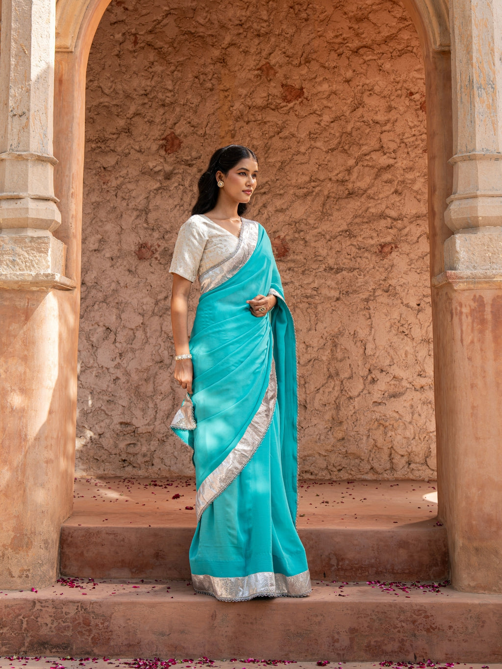 Sky Blue Pure Georgette Handloom Gota Patti Saree