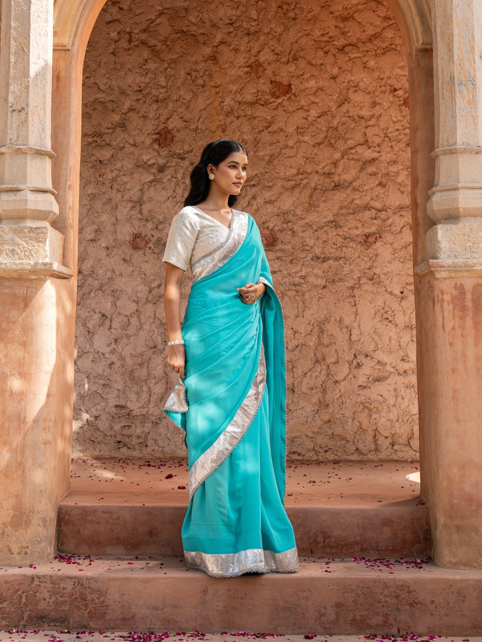 Sky Blue Pure Georgette Handloom Gota Patti Saree