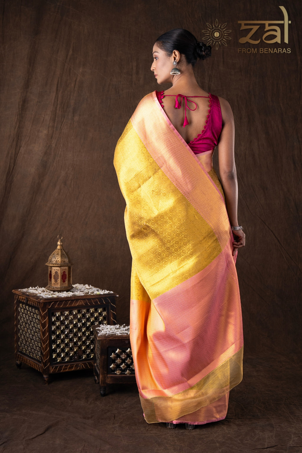 Golden-pink Pure silk brocade Banarasi handloom saree