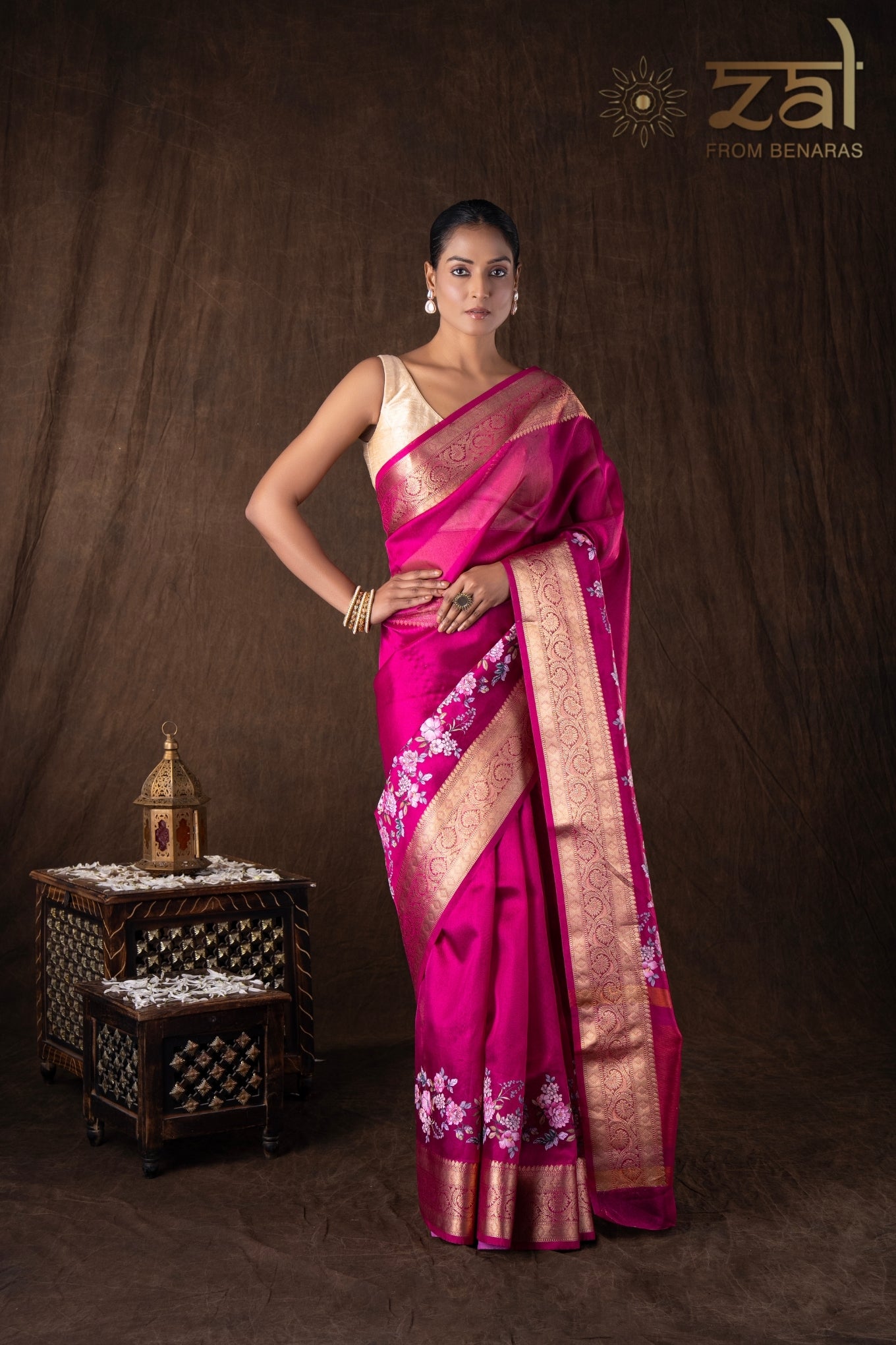Pink Tissue Silk Digital Print Banarasi Handloom Saree