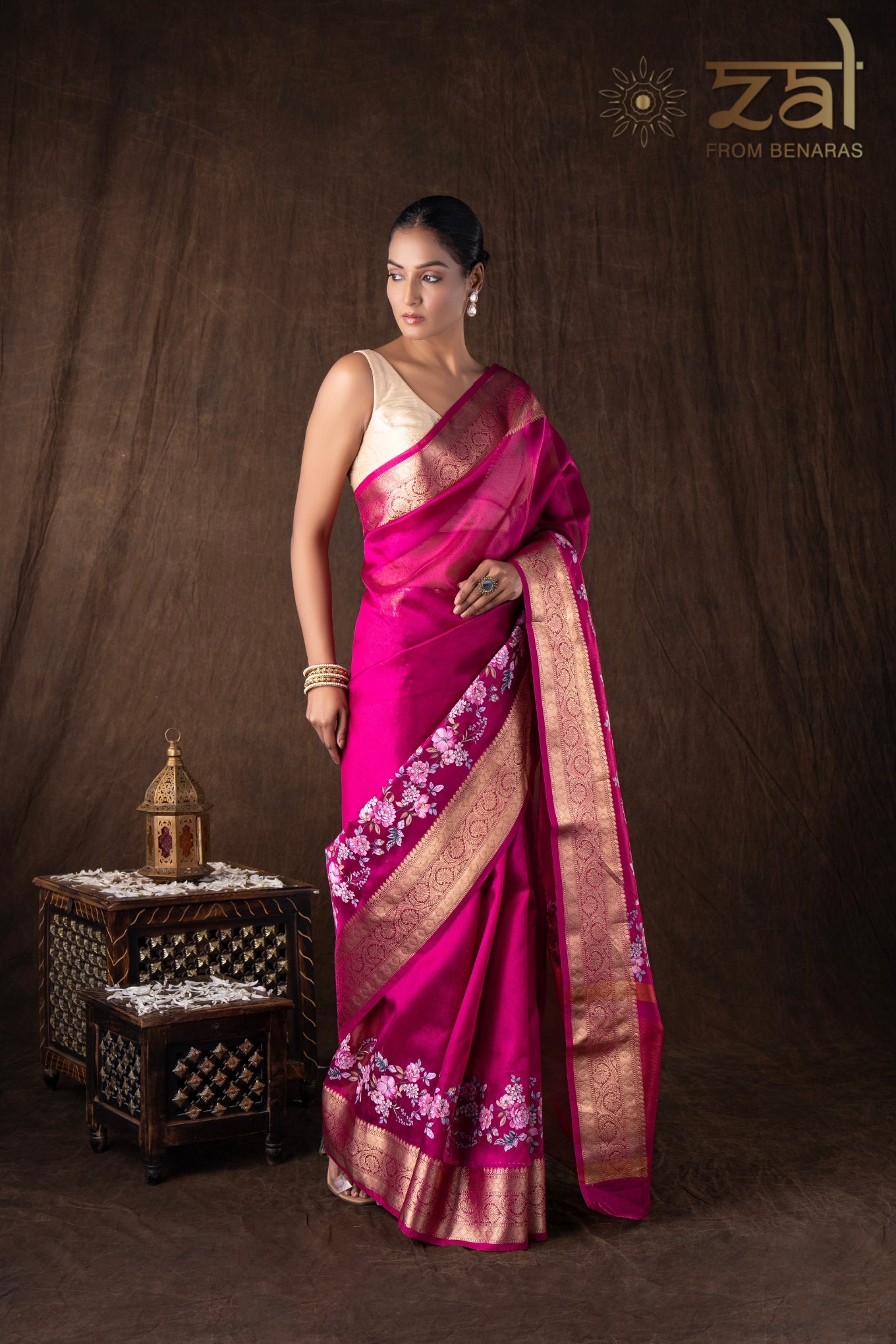Pink Tissue Silk Digital Print Banarasi Handloom Saree