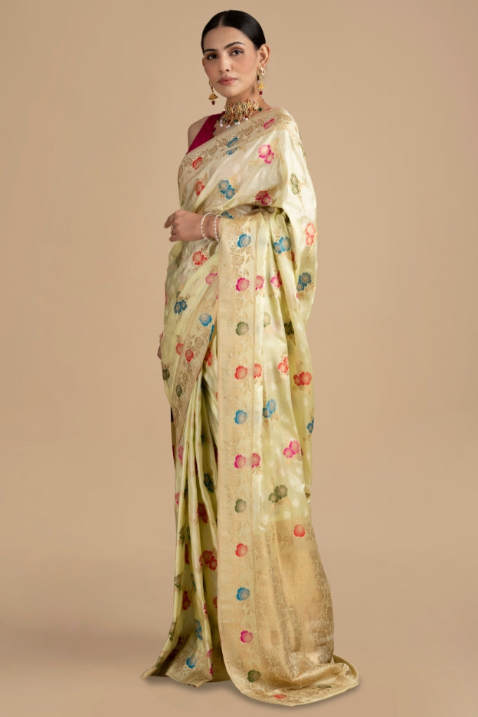 Cream Pure Katan Silk Banarasi meenakari Handloom saree