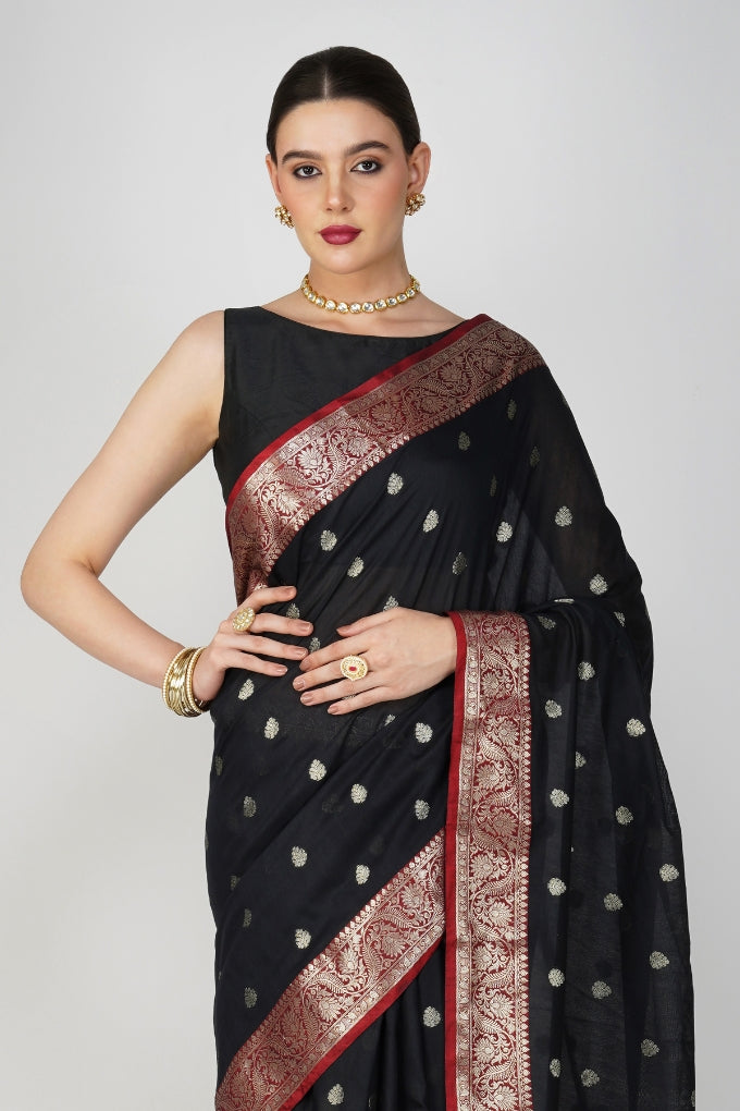 Black Red Pure Katan Silk Banarasi Handloom Saree