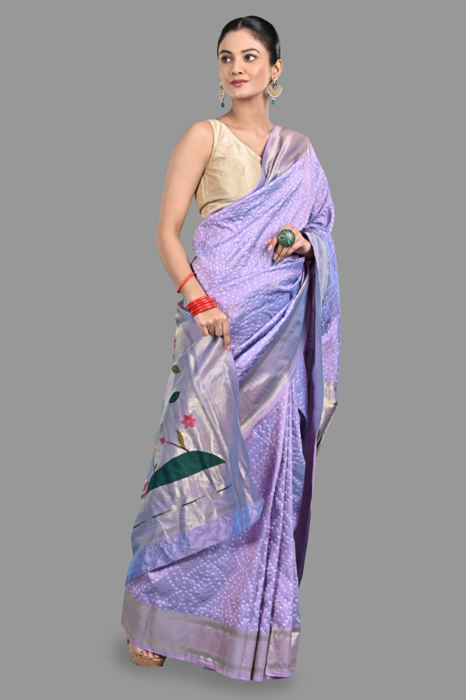 Lavender Pure Silk Paithani Bandhej work Saree