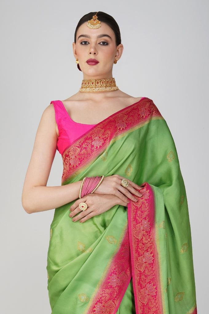 Parrot Green Pure Katan Silk banarasi handloom Saree