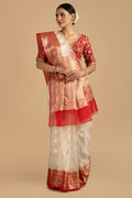 White - Red Kora Organza Silk Banarasi Handloom Saree
