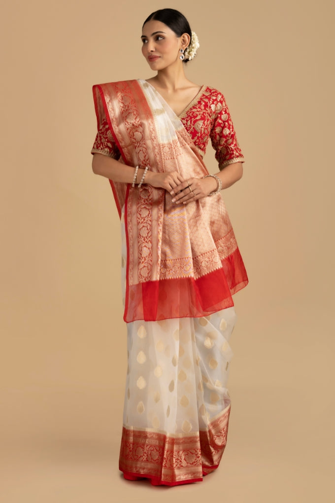 White - Red Kora Organza Silk Banarasi Handloom Saree