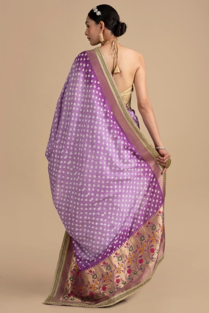 Mauve Pure Silk Bandhej handloom Saree