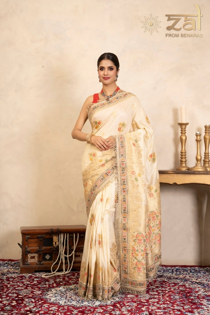 Cream Pure Katan Silk Banarasi Handloom Saree