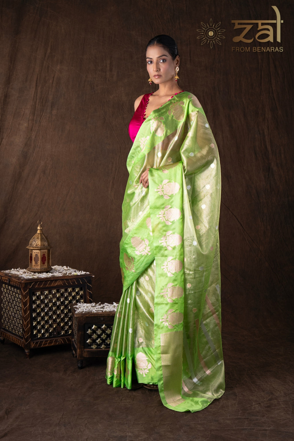 Pista green Tissue Organza Silk banarasi handloom Saree