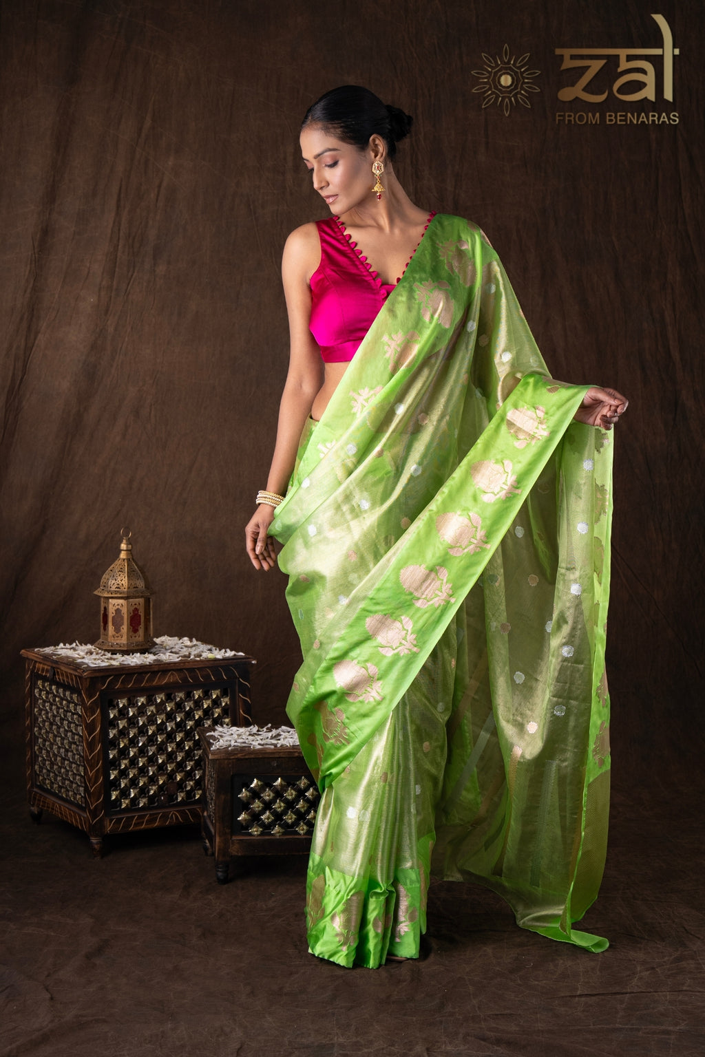 Pista green Tissue Organza Silk banarasi handloom Saree