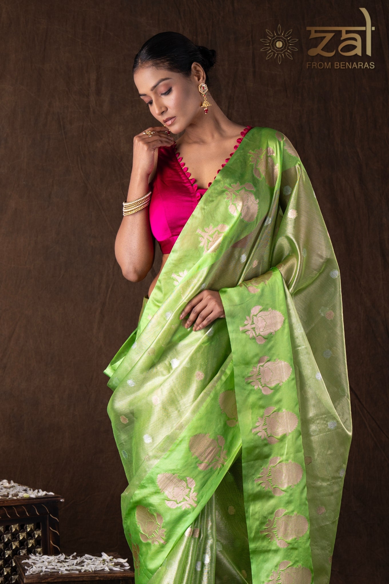 Pista green Tissue Organza Silk banarasi handloom Saree
