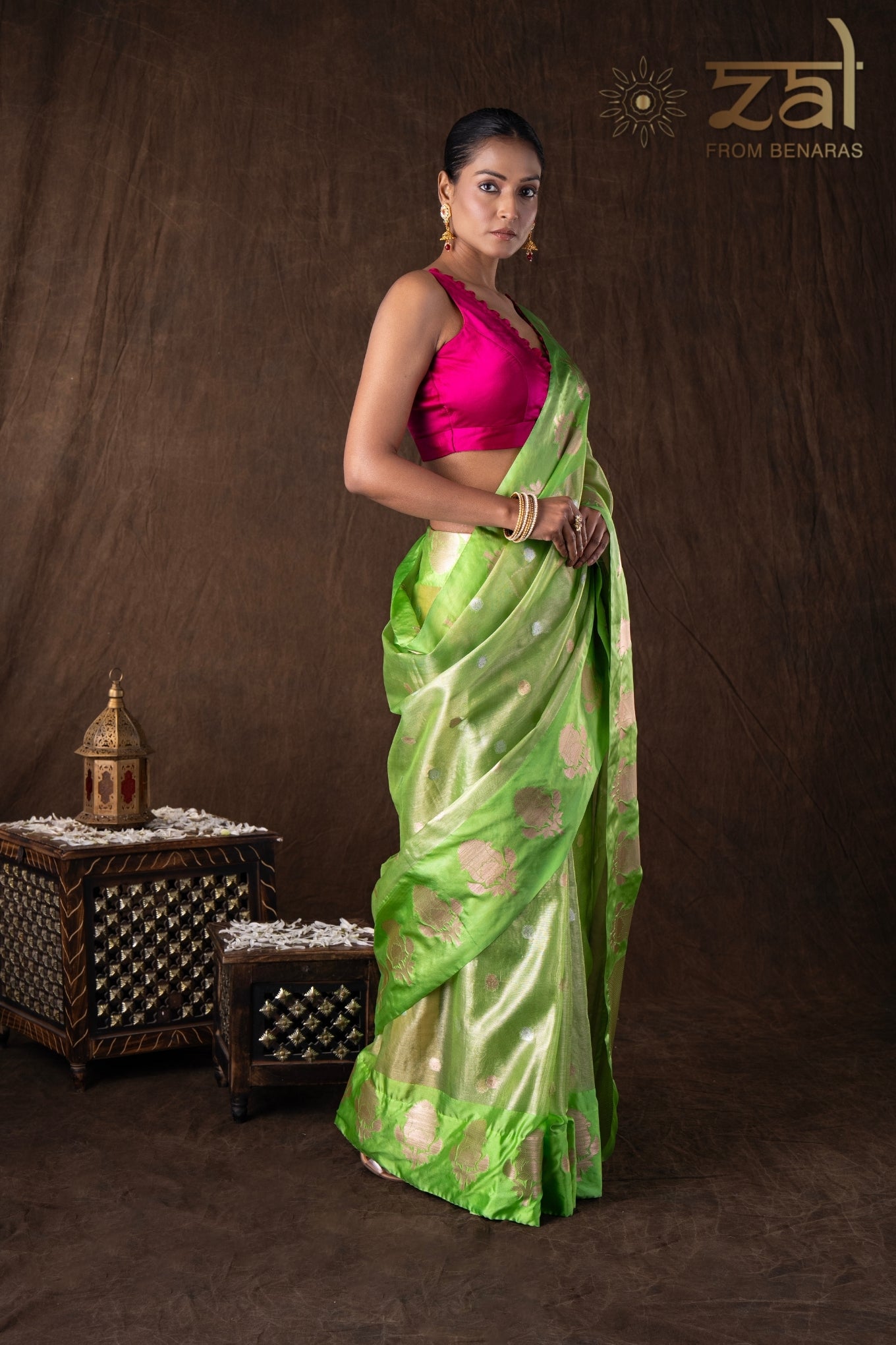 Pista green Tissue Organza Silk banarasi handloom Saree