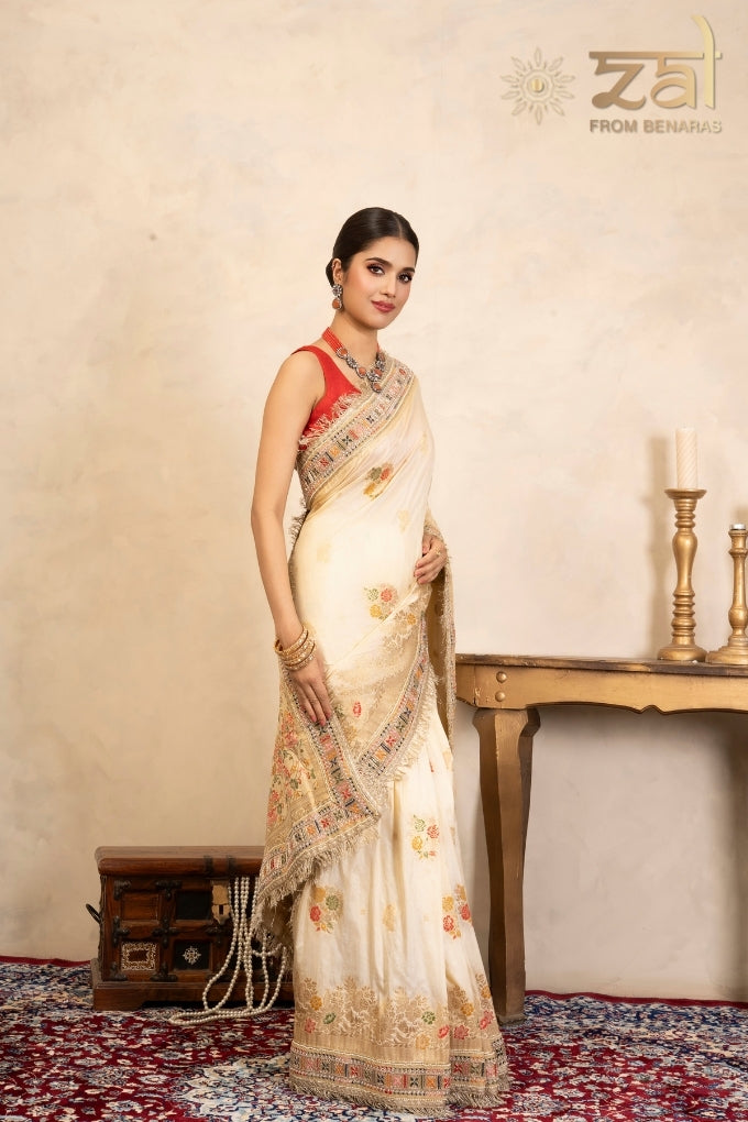 Cream Pure Katan Silk Banarasi Handloom Saree