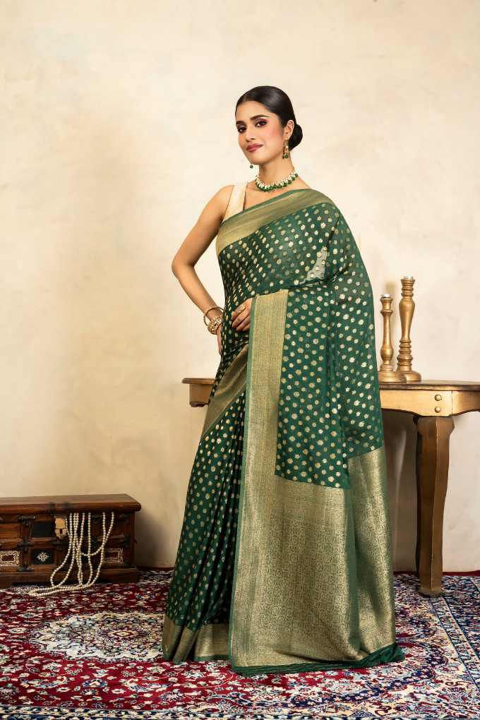 Bottle Green Pure Chiffon Banarasi Handloom Saree