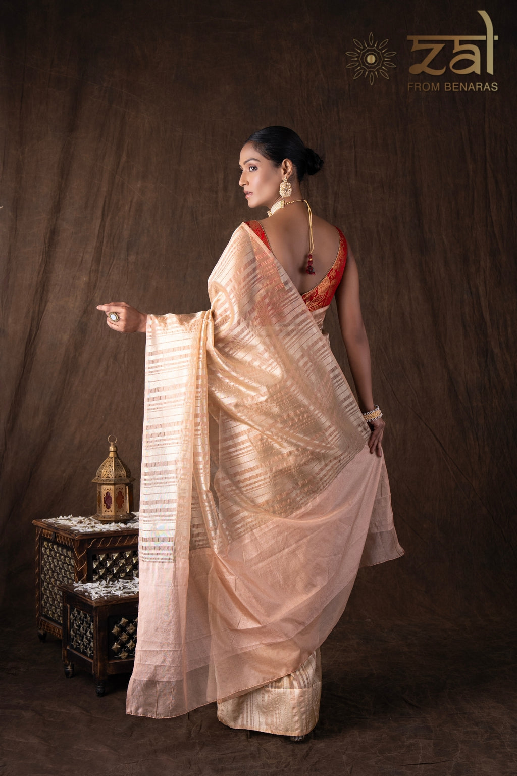 Peach Copper Lining Tissue Silk Banarasi Handloom Saree