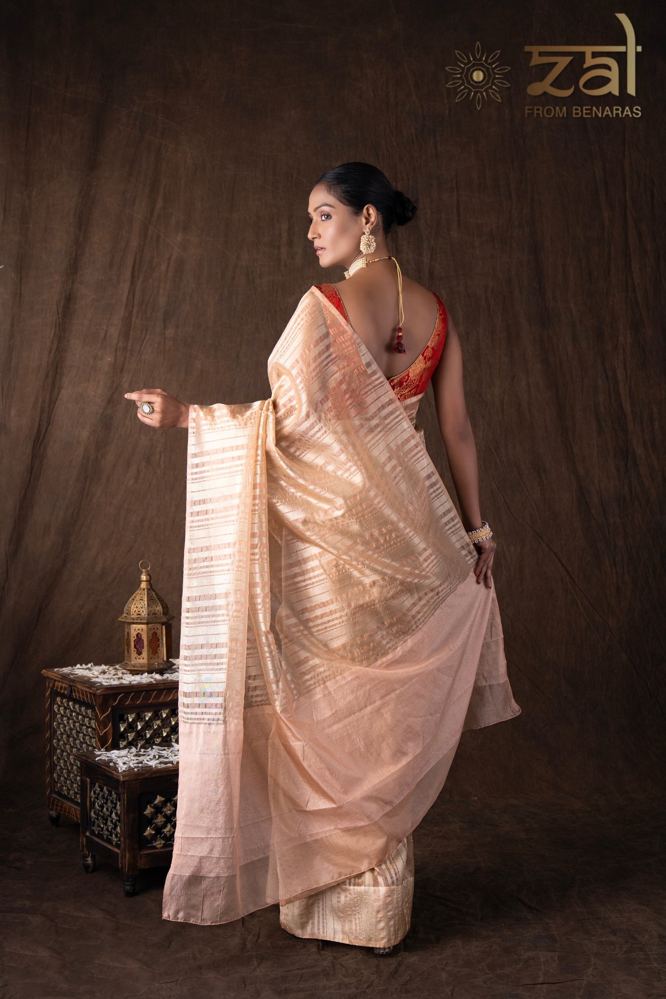 Peach Copper Lining Tissue Silk Banarasi Handloom Saree