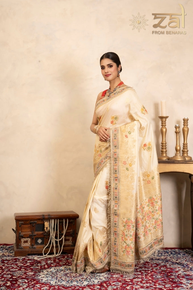 Cream Pure Katan Silk Banarasi Handloom Saree
