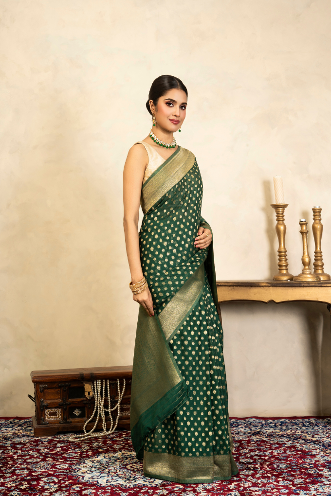 Bottle Green Pure Chiffon Banarasi Handloom Saree