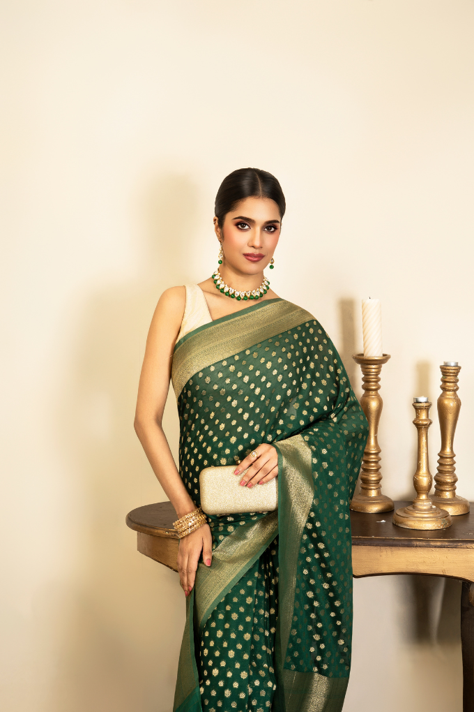 Bottle Green Pure Chiffon Banarasi Handloom Saree